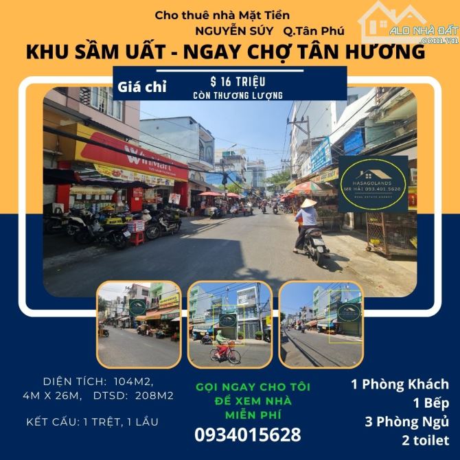 Cho thuê nhà mặt tiền Nguyễn Súy 104m2, 1Lầu, 16 triệu - cạnh CHỢ Tân Hương
