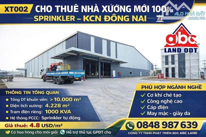 XT002 – CHO THUÊ NHÀ XƯỞNG MỚI 100% – SPRINKLER – KCN ĐỒNG NAI