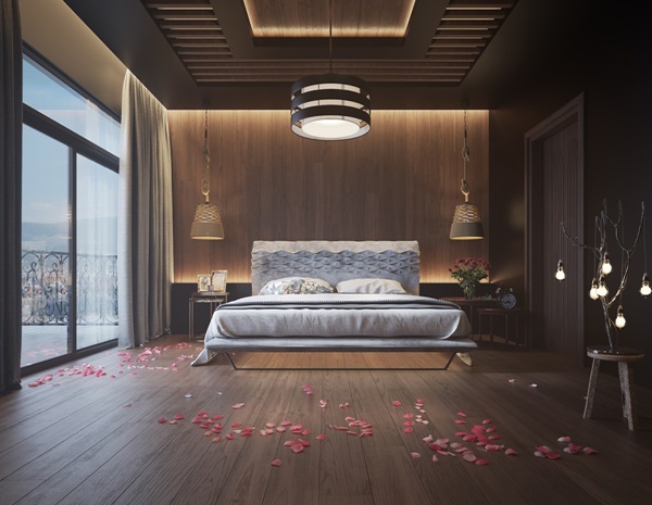 Mẫu nội thất phòng ngủ đẹp mê ly với trang trí tường gỗ