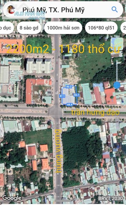 Lô góc hùng vương-trần hưng đạo, 2200m2 có 1180 tc, trung tâm phú mỹ.