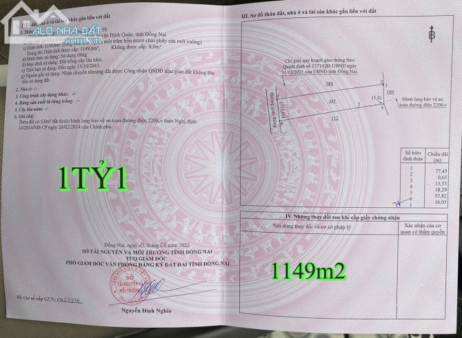 cần  bán 1149m2 (14mx76m) khu dân cư,khu công nghiệp ,cách quốc lộ 20 chỉ 900m 1TỶ1