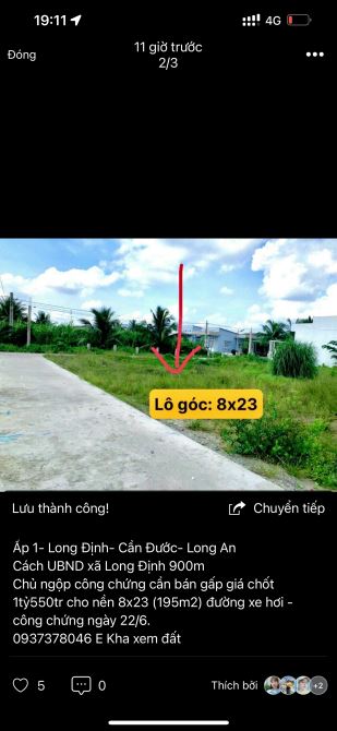 Bán đất thổ cư Ấp 1 - Long Định - Cần Đước - Long An. Diện tích 195m2 giá 1tỷ550 - 1