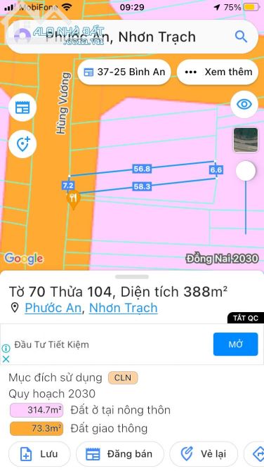 Bán đất MT Hùng Vương, Phước An,Nhơn Trạch, DT 8x57m(668m) Nở hậu 17m, (65m TC)giá 13,5 ty - 1