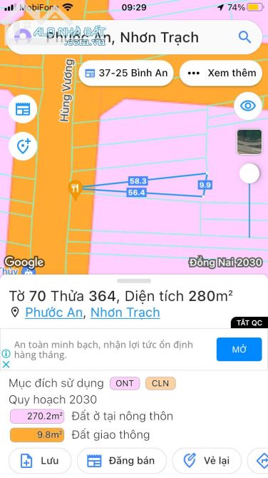 Bán đất MT Hùng Vương, Phước An,Nhơn Trạch, DT 8x57m(668m) Nở hậu 17m, (65m TC)giá 13,5 ty - 2