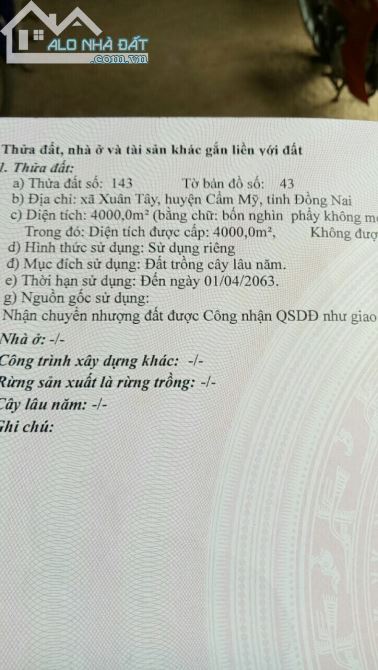 Bán đất xã Xuân Tây huyện Cẩm Mỹ tỉnh đồng Nai