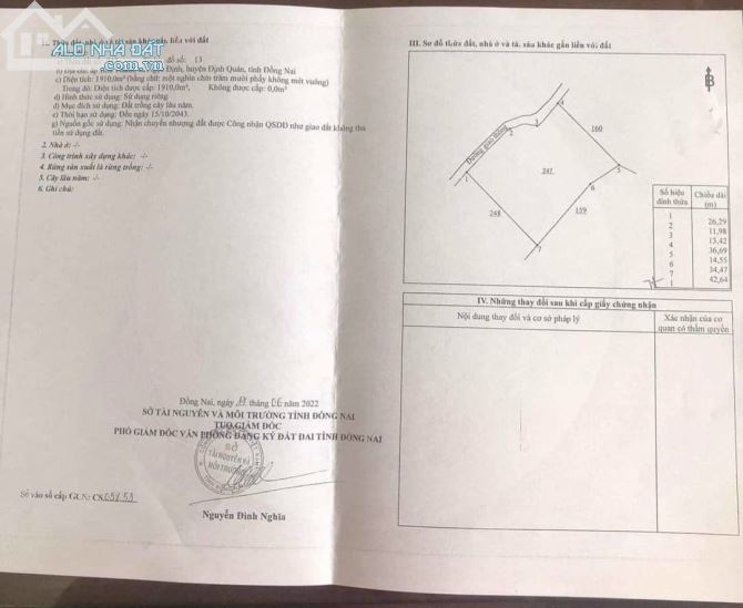 LÔ ĐẤT ĐẸP 48MX42M (1910M2) KHU DÂN CƯ GẦN CHỢ TRƯỜNG HỌC SÔNG ĐỒNG NAI CHỈ 1TY2