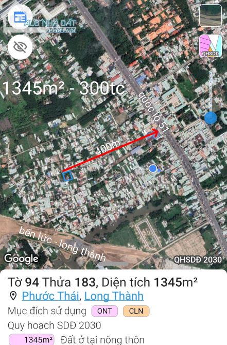 Bán 1345m phước thái - long thành. Có 300tc, hẻm nhựa.