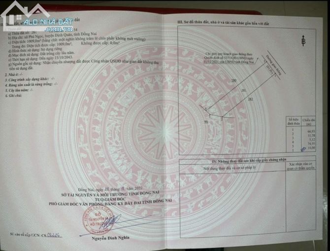CẦN BÁN VƯỜN MÍT 1009M2(14MX75M) ĐƯỜNG QUI HOẠCH 32M CÁCH QUỐC LỘ 20 CHỈ 2KM CHỈ 800TR
