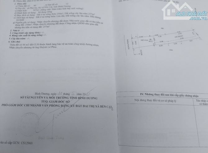 BÁN  ĐẤT MT DX, PHÚ AN, TX.BẾN CÁT, DT: 9x57, TC250M2, SHR, GIÁ 3,5 TỶ - 3