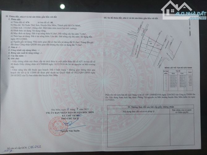 Bán đất thổ cư 6*22m.DT 152m2. MT Dương Công Khi. XTS hóc môn