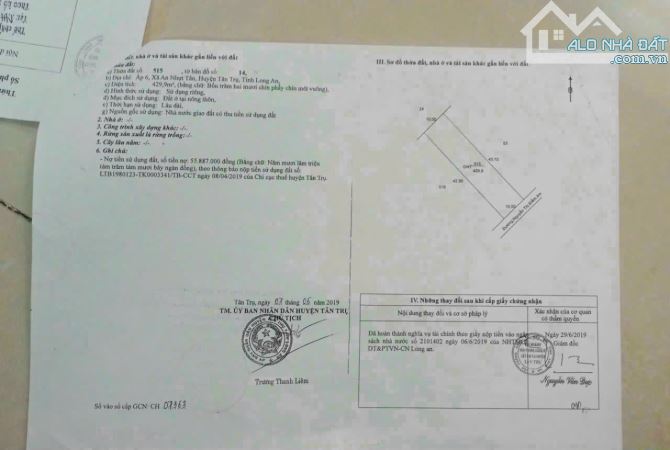 Đất thổ cư MT Ng Thị Điểm Tân Trụ Cách TL 832 500m đường đan lớn 429m2 Giá 2 tỷ 5 SHR