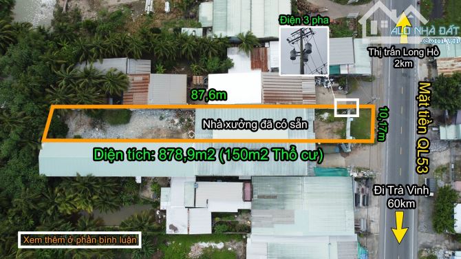 Bán 878m2 đất mặt tiền QL53 gần thị trấn Long Hồ