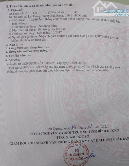 BÁN ĐẤT MT DH611, LAI HƯNG, BÀU BÀNG, DT:59x170, SHR, GIÁ 13,5 TỶ - 1