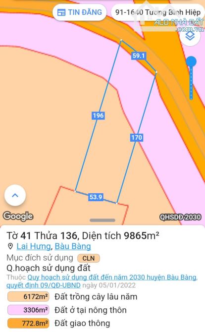 BÁN ĐẤT MT DH611, LAI HƯNG, BÀU BÀNG, DT:59x170, SHR, GIÁ 13,5 TỶ - 2
