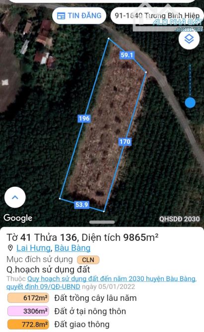 BÁN ĐẤT MT DH611, LAI HƯNG, BÀU BÀNG, DT:59x170, SHR, GIÁ 13,5 TỶ - 4