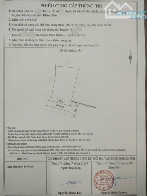 5,8 tỷ - 1435m2 (ngang 29m) Mặt tiền đường Thành Hồ - Diên Phước, Diên Khánh - Giá 4 Tr/m2 - 3