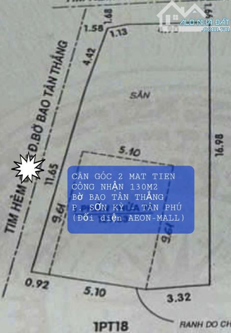 ĐỐI DIỆN AEON TÂN PHÚ- KỀ CHỢ SƠN KỲ - NHÀ CĂN GÓC 2MT -130M2 CN ĐỦ. DÒNG TIỀN ỔN ĐỊNH.