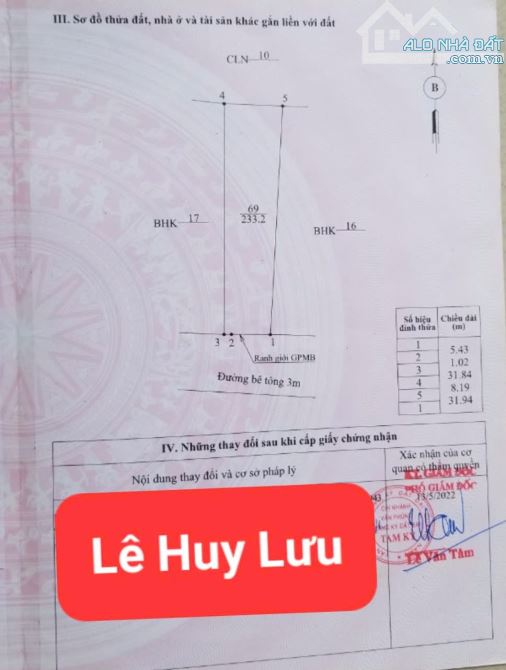 BÁN LÔ MẶT TIỀN ĐƯỜNG NHỰA LÊ HUY LƯU - DT 233M² - 1