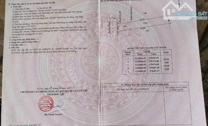 Bán lô đất thổ cư sát đường Tỉnh Lộ 7 xã An Nhơn Tây Củ Chi TP HCM, DT: 5x34m. - 2