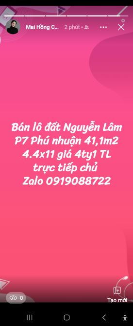 Bán lô đất Nguyễn Lâm P7 Phú nhuận 41,1m2 4.4x11 giá 4ty1 TL trực tiếp chủ  Zalo 091908872 - 1