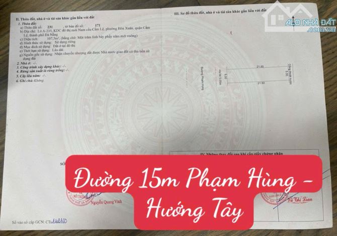 chủ bán đất đường 15m Phạm Hùng _ Hòa Xuân - Hướng Tây. Vị trí đẹp.giá tốt nhất hiện nay - 1