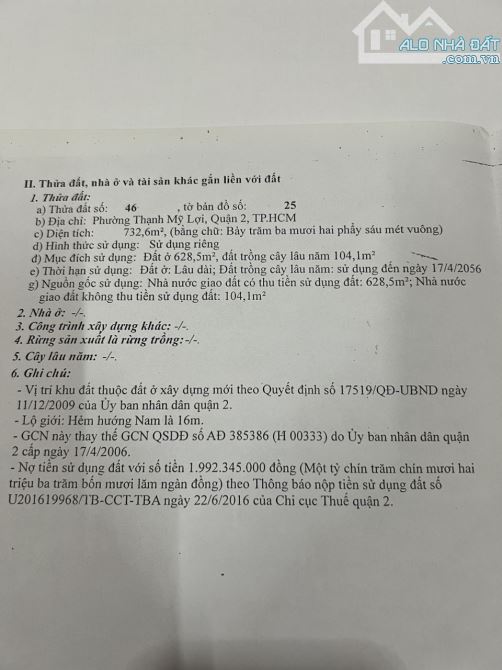 Bán đất biệt thự đường Nguyễn Thị Định Quận 2 P. Thạnh Mỹ Lợi TP Thủ Đức (732m2) 57 tr/m2