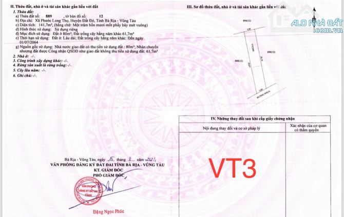 Chỉ 880 triệu là anh chị đã sở hữu ngay BĐS đường nhựa KCN Đất Đỏ. Ngang 10x30m thổ cư 80 - 3