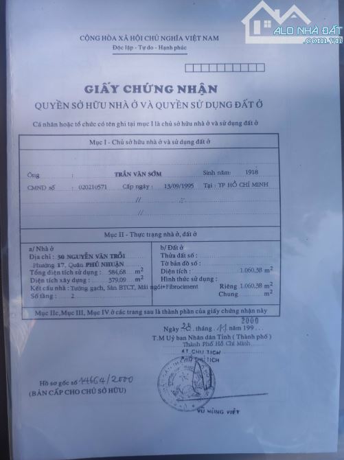 Bán nhà mặt tiền 30 Nguyễn Văn Trỗi Quận Phú Nhuận, DT: 23x47m, DTCN: 1060m2, giá: 760 tỷ