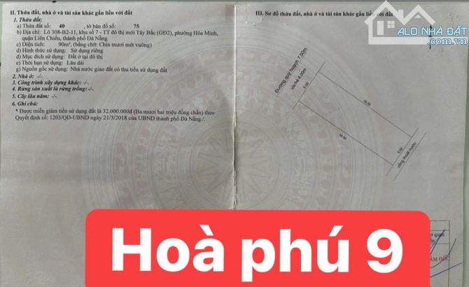 Bán Đất MT Đường 7,5m Hòa Phú 9. Gần hoàng Thị Loan. Hòa Minh. Liên Chiểu. Đà Nẵng