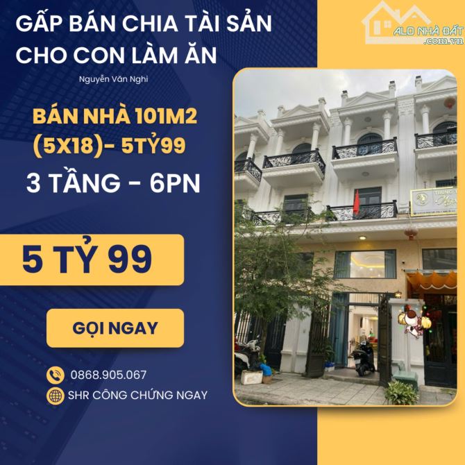 Bán nhà 3 tầng 100m2 (5x18), 6Pn, Nguyễn Văn Nghi Gò Vấp Giá 5tyr99 SHR