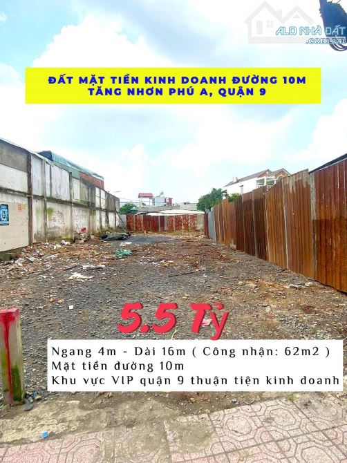 Lô Đất Mặt Tiền Kinh Doanh VIP Quận 9, Đường 10m, 62m2, Giá 5,5 Tỷ - Gần Lê Văn Việt