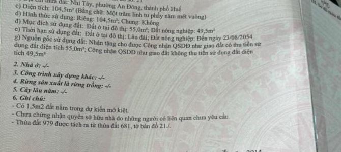 Bán đất Kiệt Lê Minh thông ra Trường Chính, An Đông, Huế chỉ 2.6xx Tỷ - 1