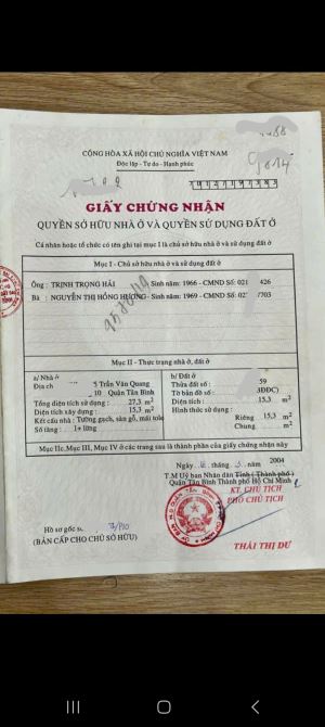 BÁN NHÀ TÂN BÌNH - TRẦN VĂN QUANG - NHỈNH 1 TỶ - 1