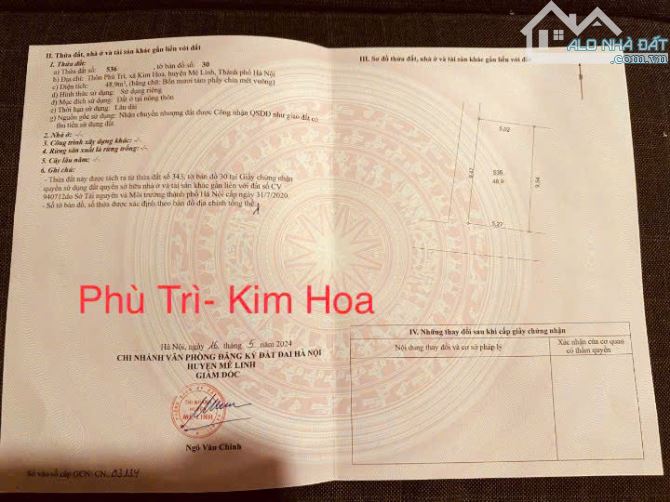 Bán 48,9m2 đất, FULL thổ cư, ngõ ô tô, Thôn Phù Trì,xã Kim Hoa, Mê Linh, Hà Nội