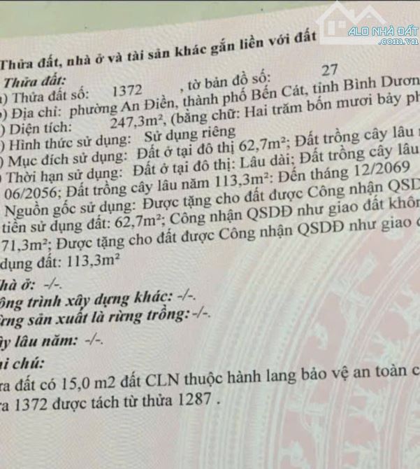 BÁN ĐẤT MT AN ĐIỀN 55, TP.BẾN CÁT, DT: 5x49, TC62,7M2, SHR, GIÁ 1,350 TỶ - 5