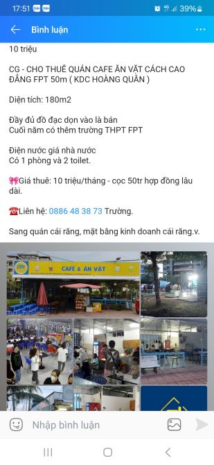 Cho thuê toàn bộ quán cafe ăn vật cạnh cao đẳng FPT - 1