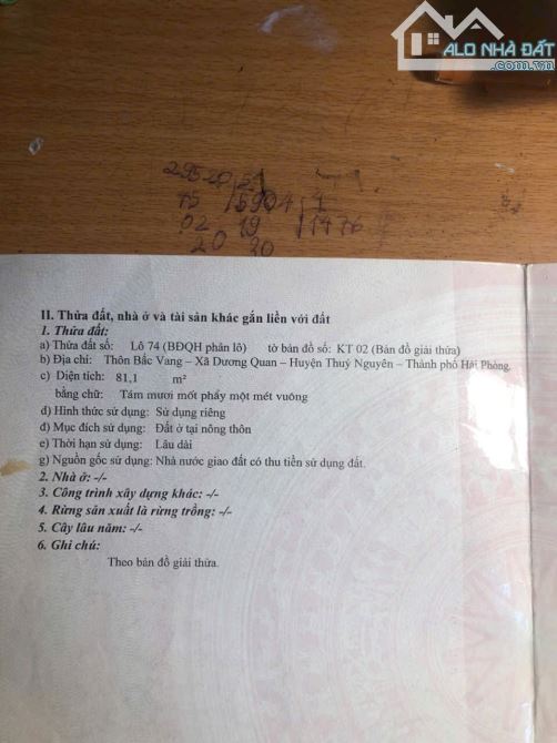 👉👉 Bán đất khu phân lô BẤC VANG - DƯƠNG QUAN - THUỶ NGUYÊN giá tốt.  🍀 Diện tích: 81.1m - 3