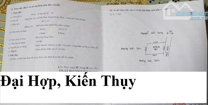 Duy nhất 187m ngang 11m ngõ 4.5m Đại Hợp, Kiến Thụy Giá 1.9x tỷ.LH E Kiên