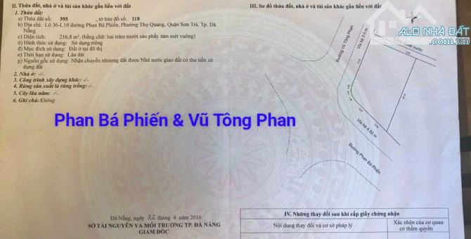 Góc 2 mặt Tiền Phan Bá Phiến & Vũ Tông Phan. Thọ Quang, Sơn Trà, S= 216.8m2 Giá: 12 tỷ