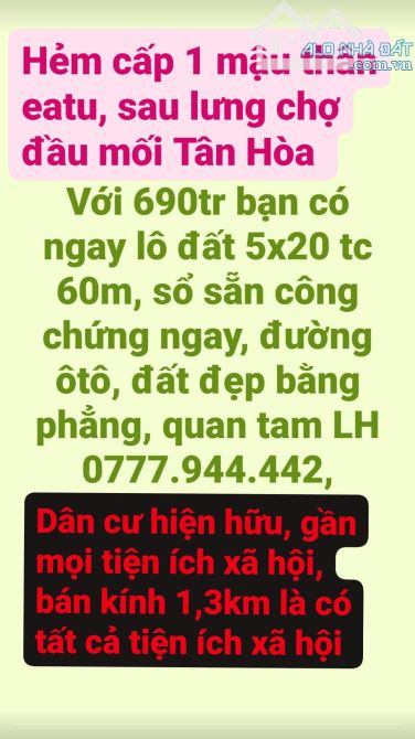 CHỦ GỞI BÁN LÔ ĐẤT 1TY750TR 5X19 TC 50M ĐƯỜNG BÊ TÔNG XE Ô TÔ VI VU, DÂN CƯ ĐÔNG ĐÚC GẦN T - 2