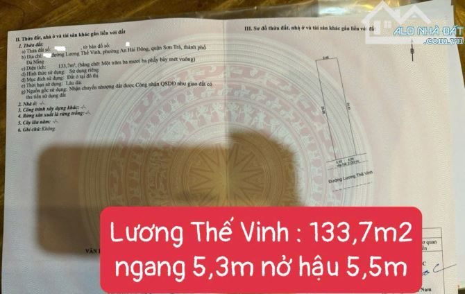 Chính chủ cần bán lô đất 134m2 đường Lương Thế Vinh, Q. Sơn Trà, Gần Biển Mỹ Khê - 3