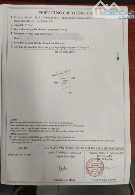 Bán lô đất Diên An cách đường 23/10 chỉ 100m. DT 62mv ngang 6m - 1