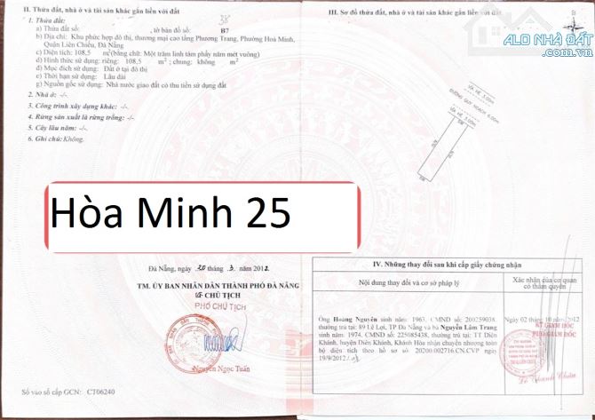 Bán đất đường Hòa Minh 25 (trục thông Nguyễn Sinh Sắc) lô sạch , 109m2 giá 4tyx - 4