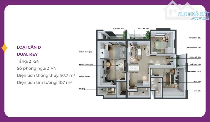 BÁN CĂN HỘ DUAL KEY 3 PHÒNG NGỦ 107M2 - ĐƯỜNG NGÔ THÌ NHẬM - CHUNG CƯ MIA CENTER POINT