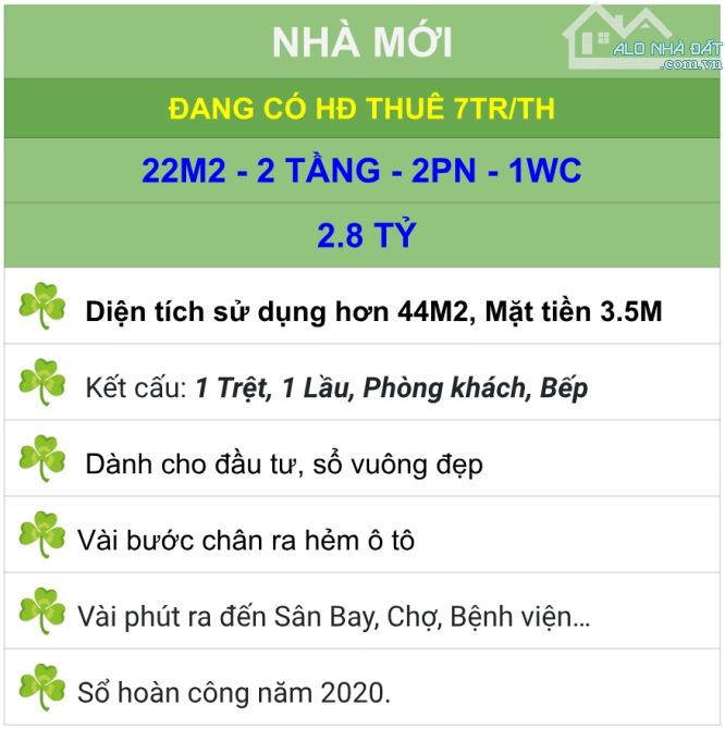 NHÀ MỚI, SẴN DÒNG TIỀN 7TR/TH, 22M2 X 2TẦNG, 2PN_1WC_2.8_TỶ