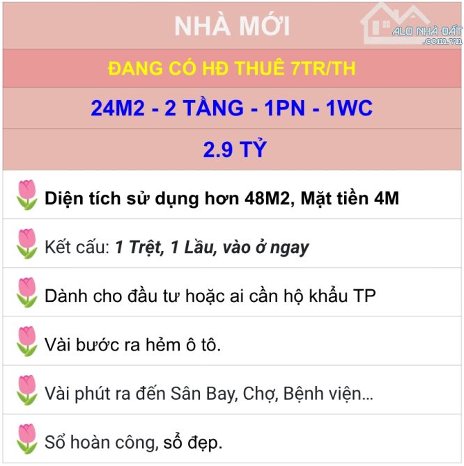 NHÀ MỚI, ĐANG CHO THUÊ 7TR/TH, 24M2 X 2TẦNG, HẺM ĐẸP, GIÁ 2.9 TỶ