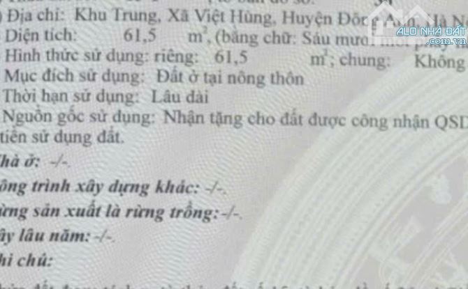 BÁN NHÀ 3 TẦNG 61.5 M2 VIỆT HÙNG, ĐÔNG ANH, NGÕ THOÁNG, 20M RA Ô TÔ TRÁNH, KIÊN CỐ , Ở SƯỚ