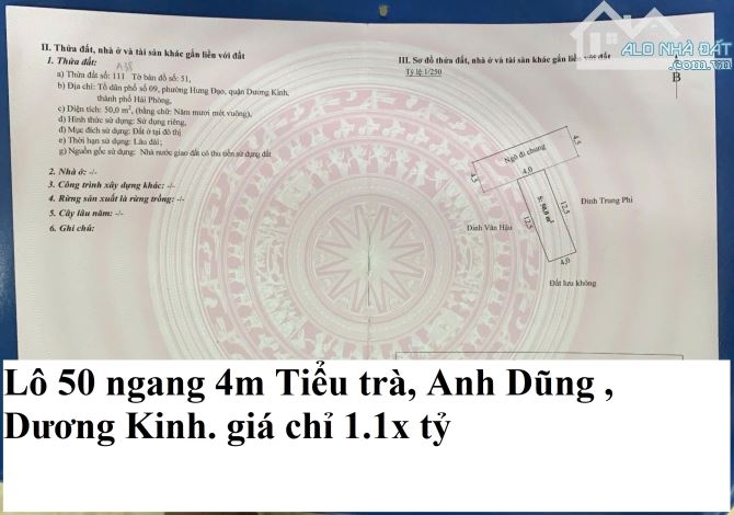 ✅1 LÔ DUY NHẤT 50M NGANG 4M TIỂU TRÀ, HƯNG ĐẠO, DƯƠNG KINH. CHỈ 1.1X TỶ LH E KIÊN - 1