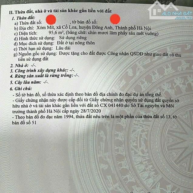 Bán đất tại Xóm Mít-Cổ Loa giá uy tín 96m đường thông gần 5m có sẵn nhà