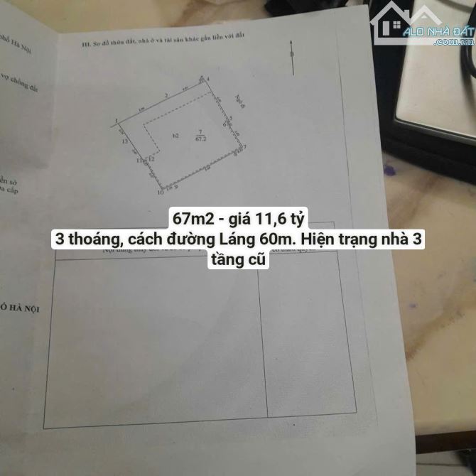 BÁN ĐẤT ĐƯỜNG LÁNG(HN), 67M2, 3 THOÁNG, 60M RA ĐƯỜNG LÁNG, XÂY CCMN HẾT Ý, 11 TỶ HƠN - 1